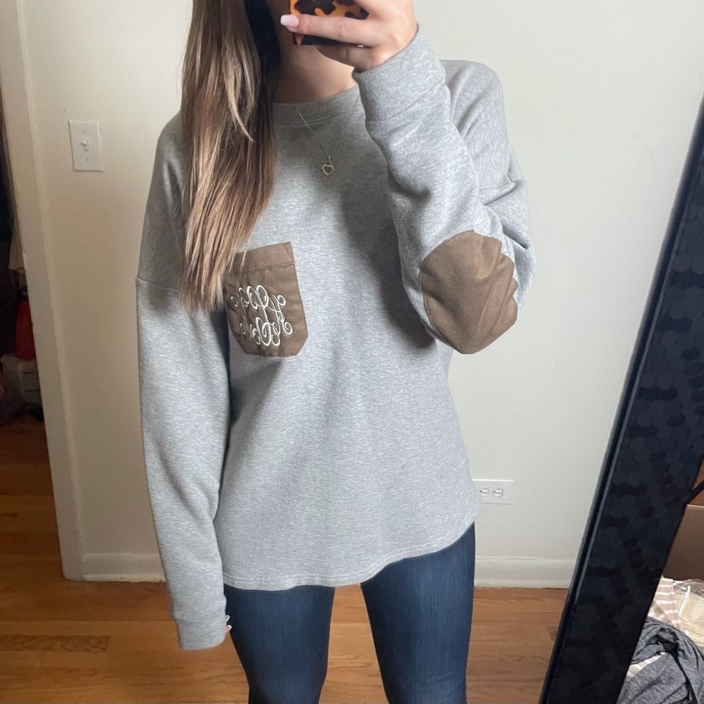 Monogrammed HCM Gray Pocket Sweatshirt with Elbow Patches